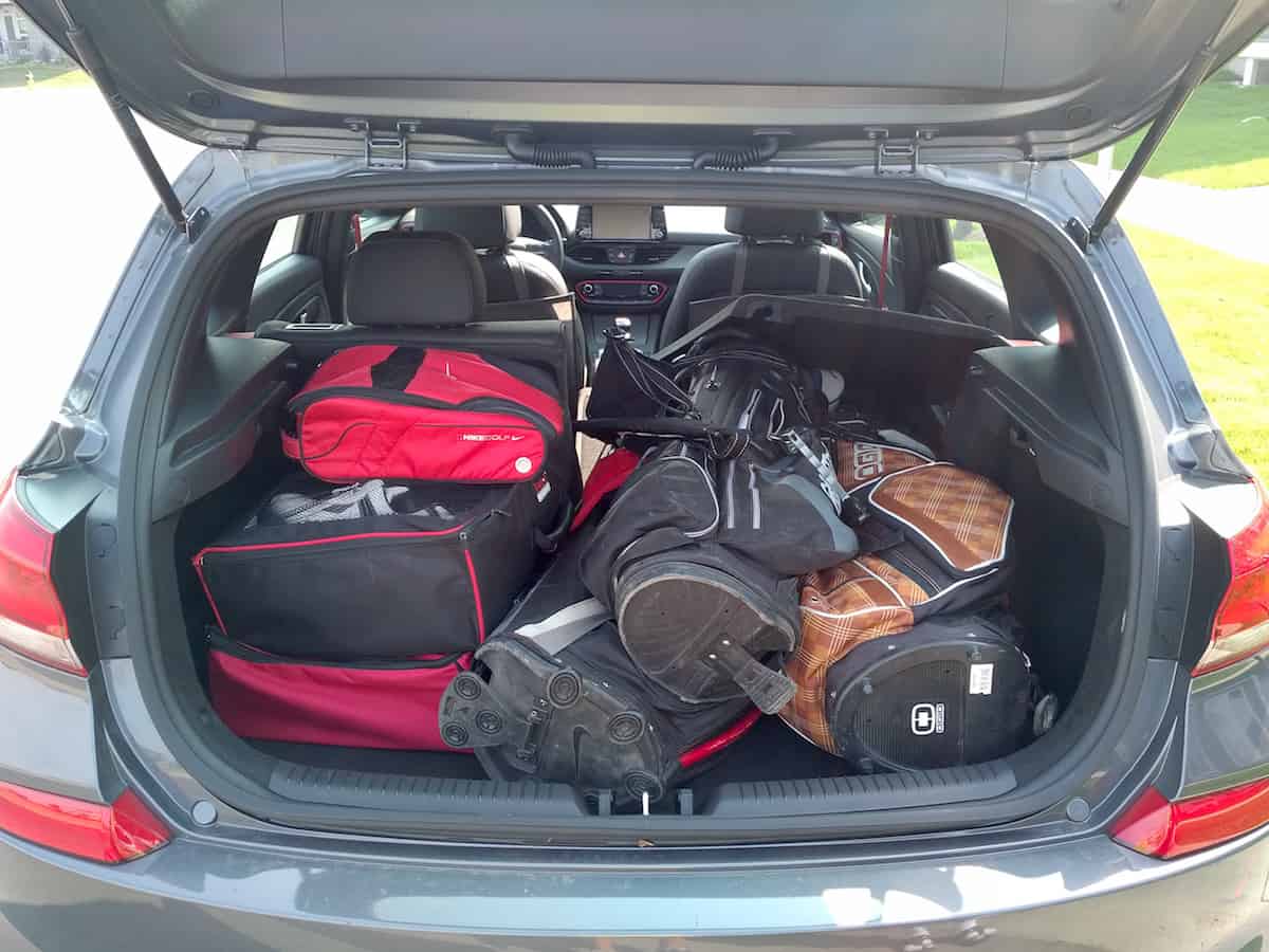 2018 Hyundai Elantra GT Sport Hatchback with golf bags in the trunk